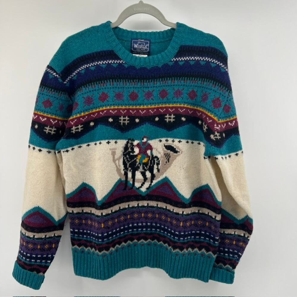 VTG 80s Woolrich 100% Wool Crew Neck Sweater Womens XL Southwest Equestrian READ